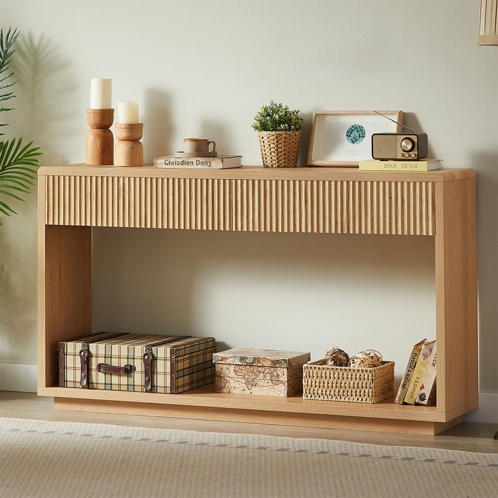 59" Oak Console Table with 2 Drawers and Open Shelf D208