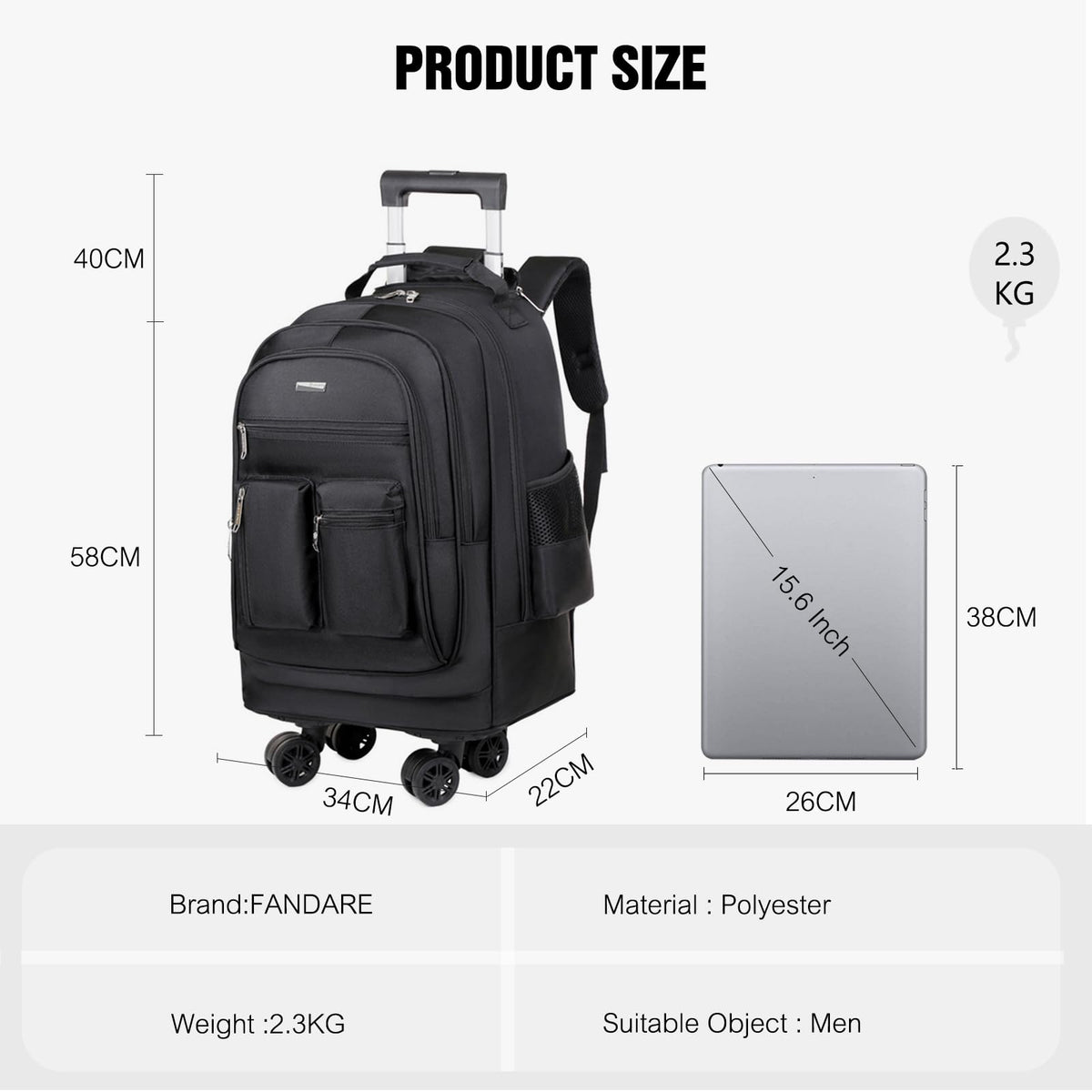 Rolling Backpack with Silent Wheels Black E9709