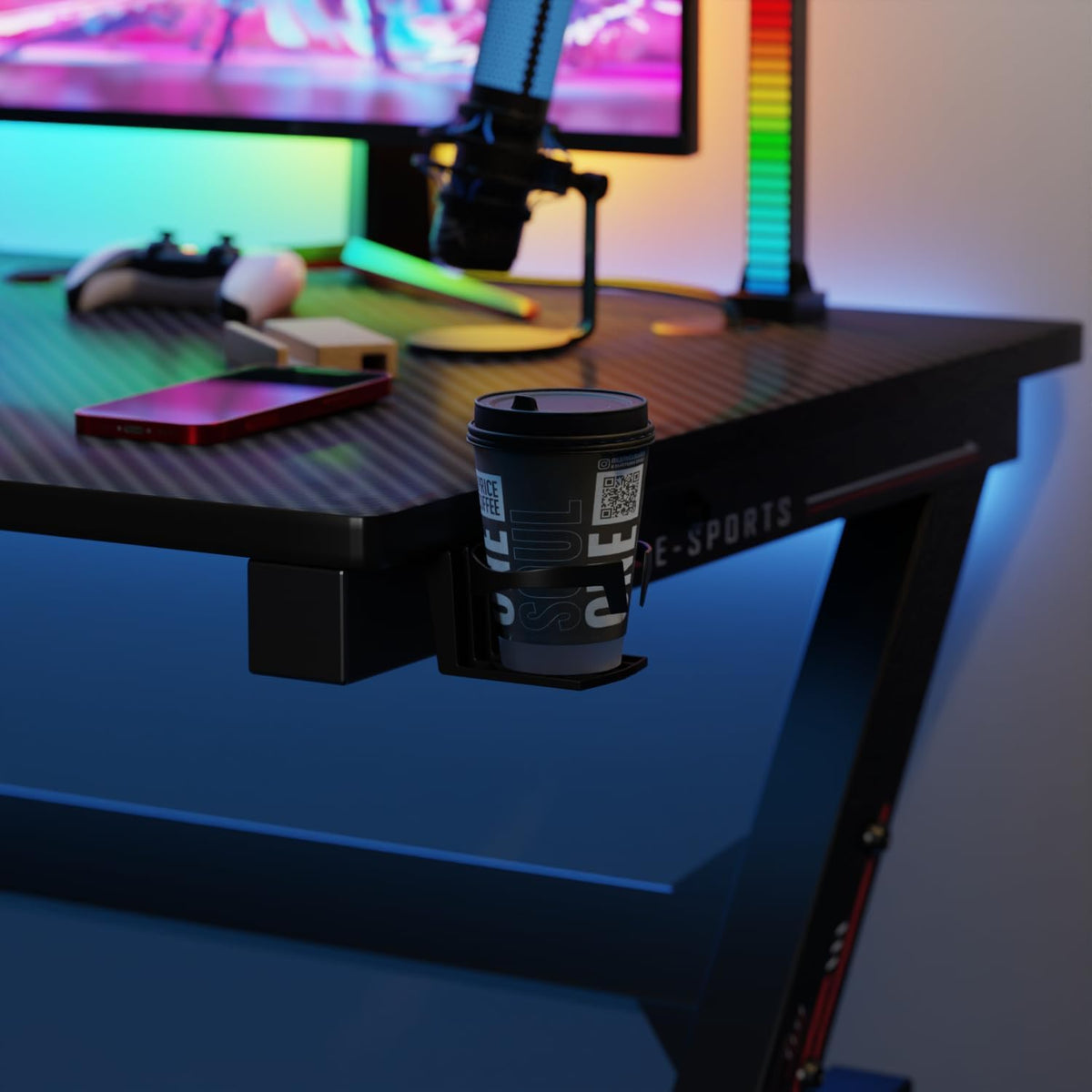 47 Inch Carbon Fiber Gaming Desk with Cup Holder and Headphone Hook N906147
