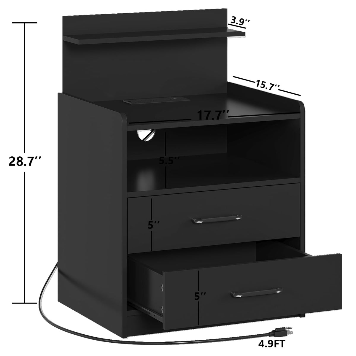 Black LED Nightstand with Charging Station and 2 Drawers E663