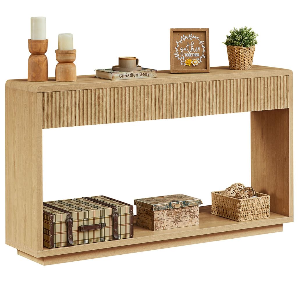 59" Oak Console Table with 2 Drawers and Open Shelf D208