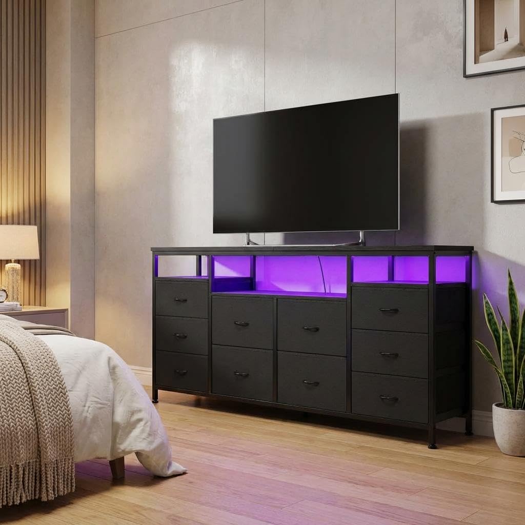 Black 10 Fabric Drawer Dresser with LED Lights & Power Outlets B918