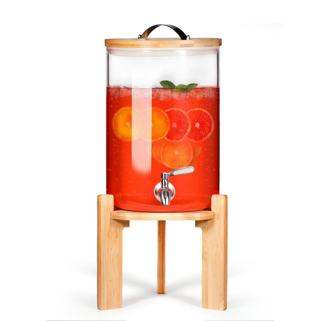 2.1 Gallon Glass Beverage Dispenser with Bamboo Stand and Spigot O988