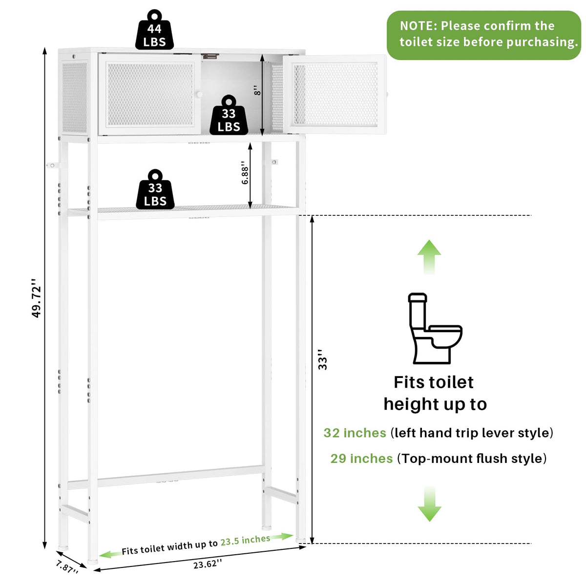 Over the Toilet Storage Cabinet with Doors, White Metal Shelves J682529