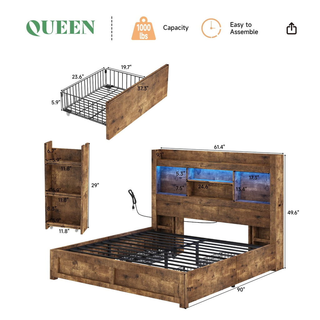 Full Bed Frame with Bookcase Headboard & Storage D1492
