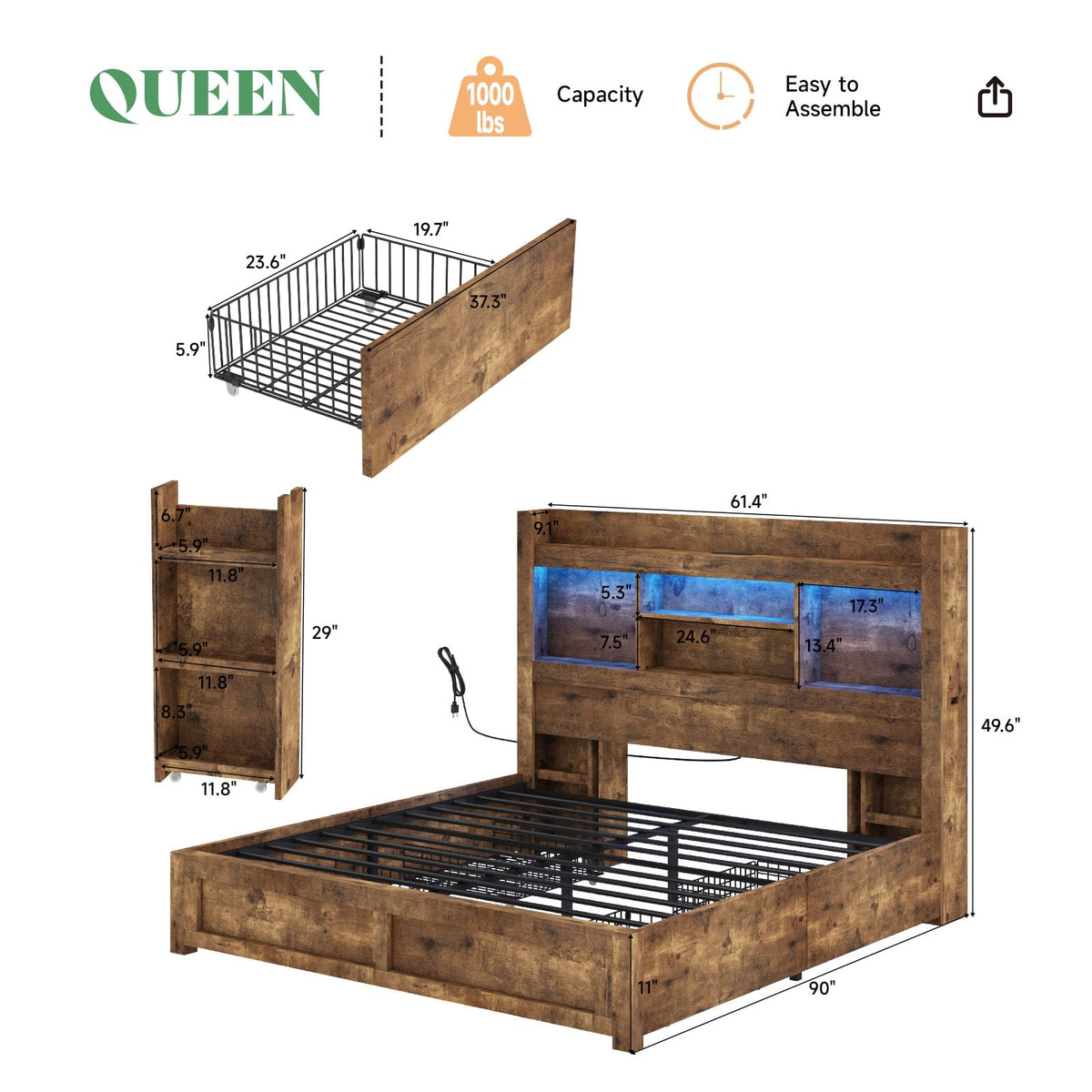 Full Bed Frame with Bookcase Headboard & Storage D1492