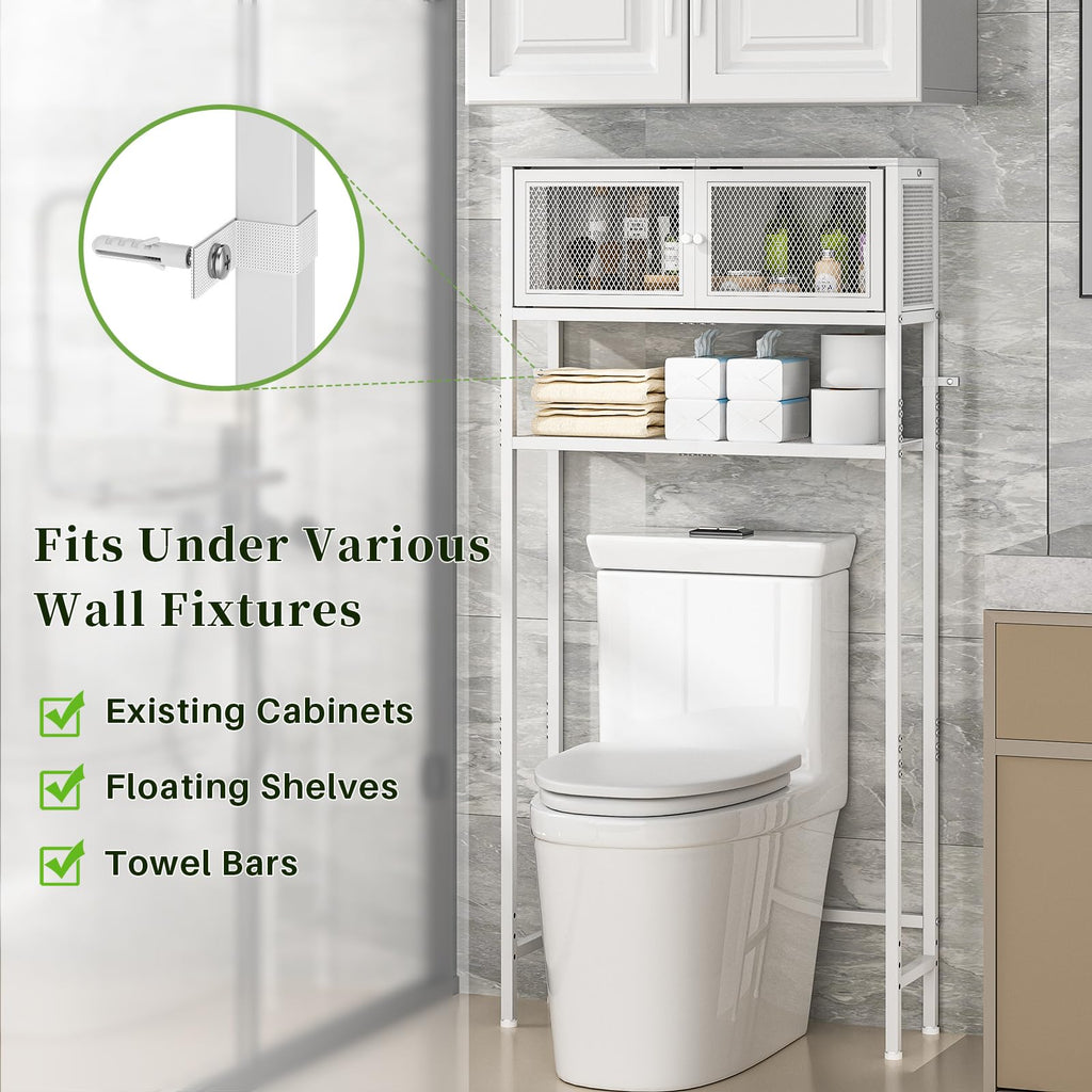 Over the Toilet Storage Cabinet with Doors, White Metal Shelves J682529