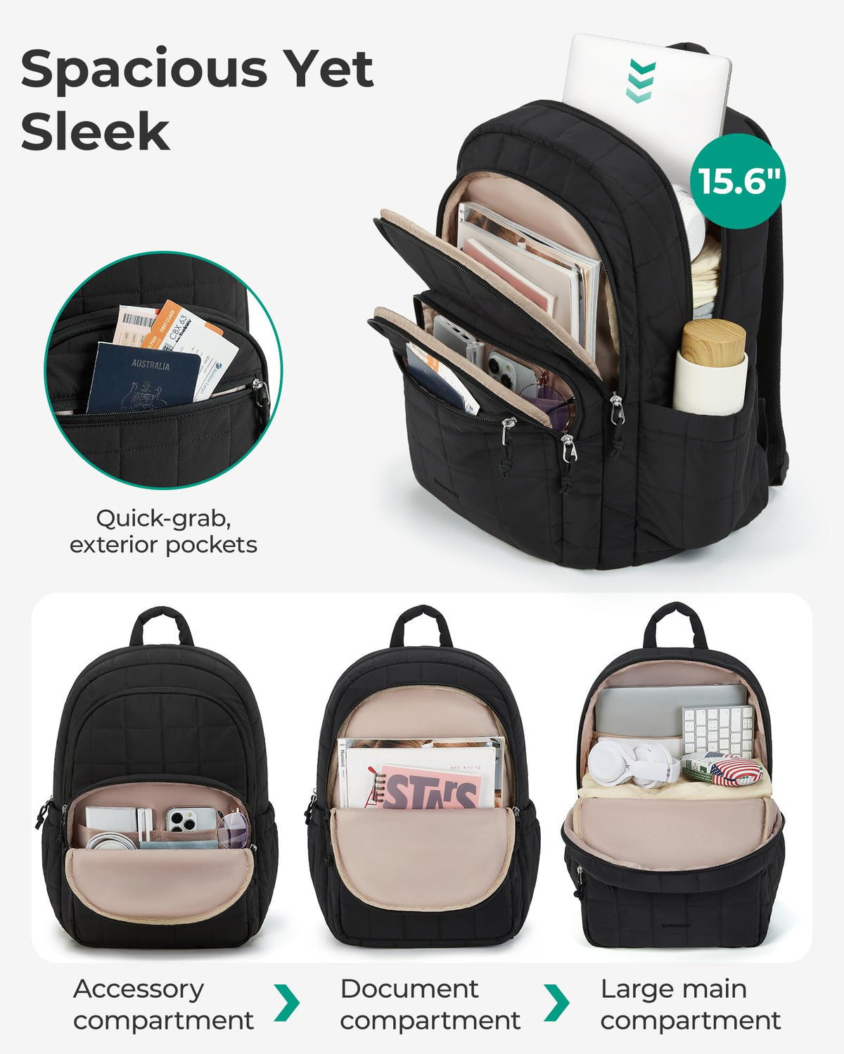 Black 15.6" Laptop Travel Backpack V748