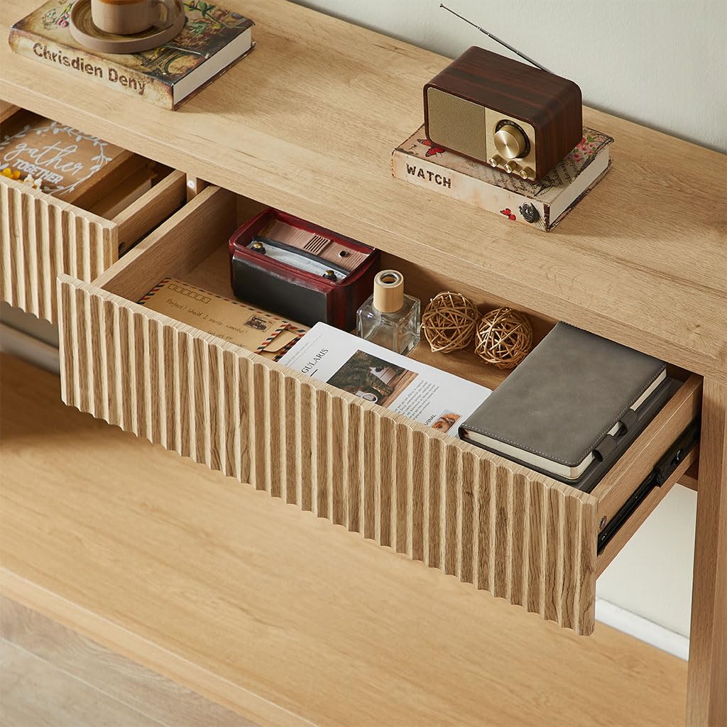 59" Oak Console Table with 2 Drawers and Open Shelf D208