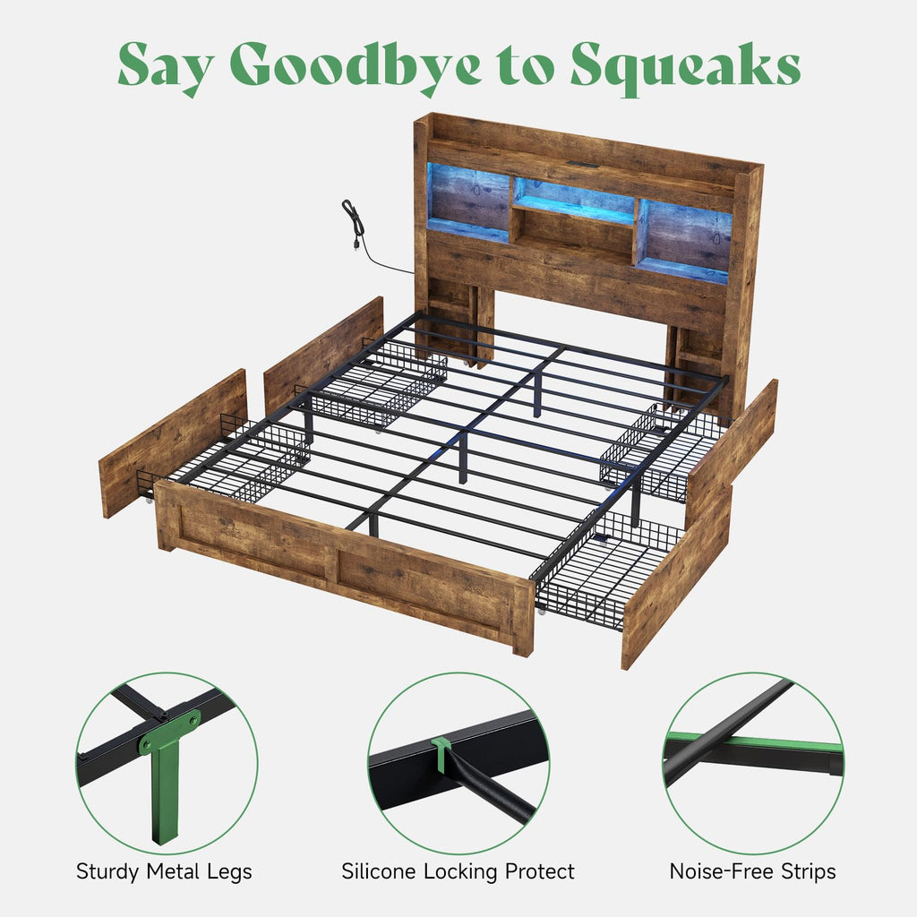 Full Bed Frame with Bookcase Headboard & Storage D1492