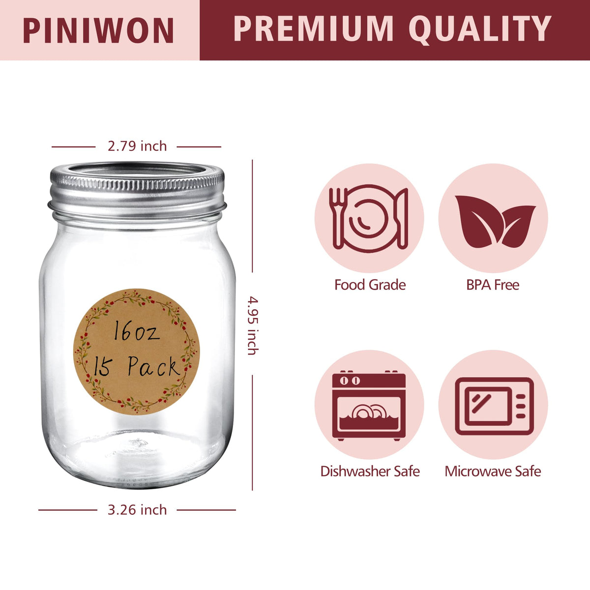 16 oz Mason Jars with Lids and Bands, 15 Pack R17976