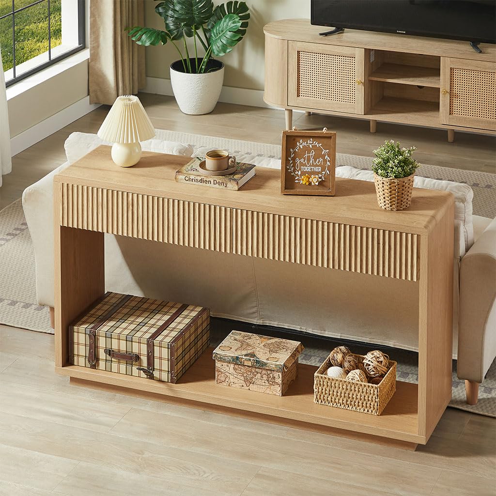 59" Oak Console Table with 2 Drawers and Open Shelf D208