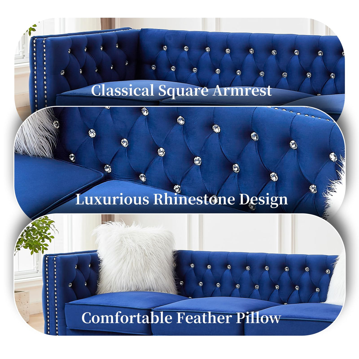 Blue Velvet Chesterfield Sofa with 2 Throw Pillows B758501