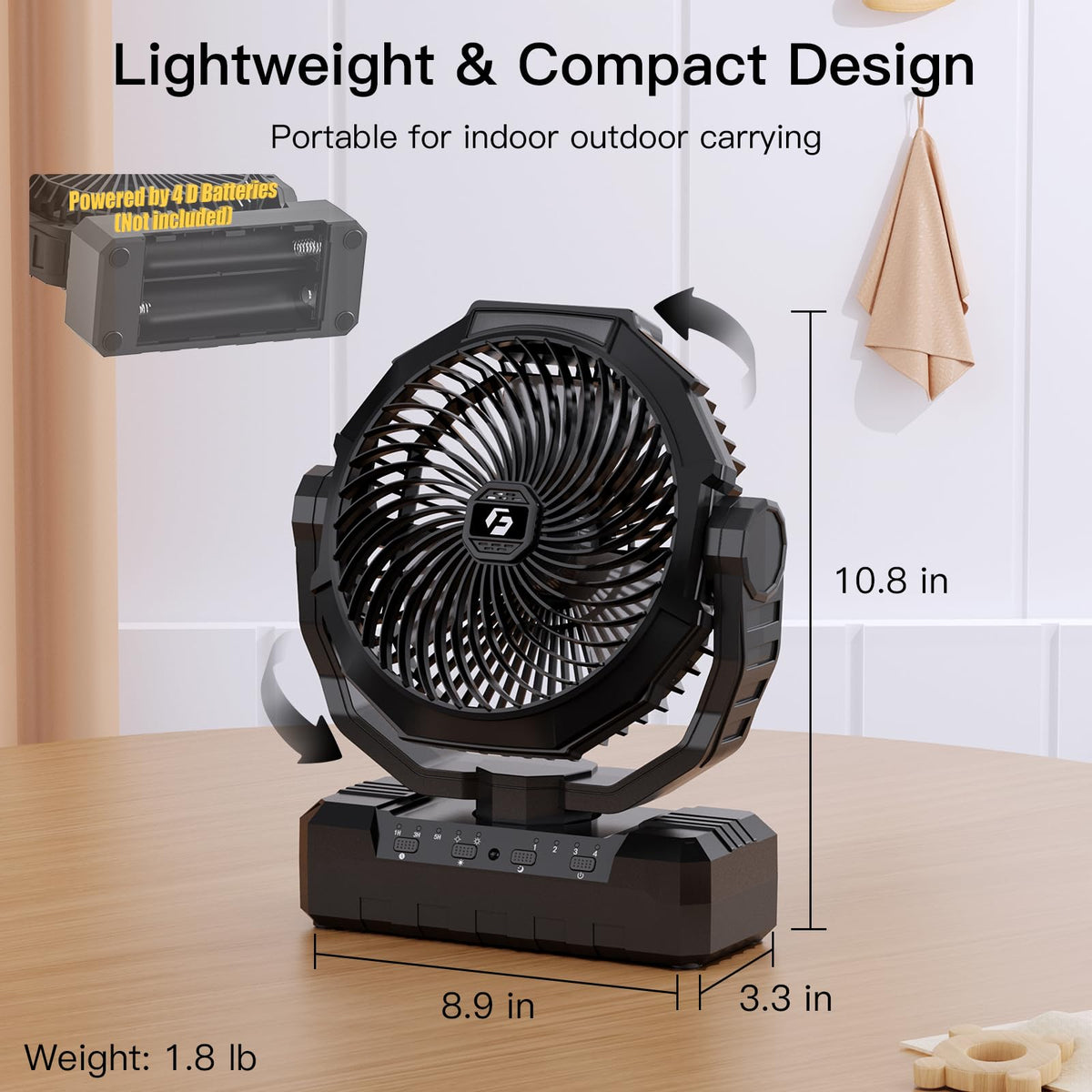 Battery Operated Portable Camping Fan with 4 Speeds, Light, Timer, Remote - Black Y503