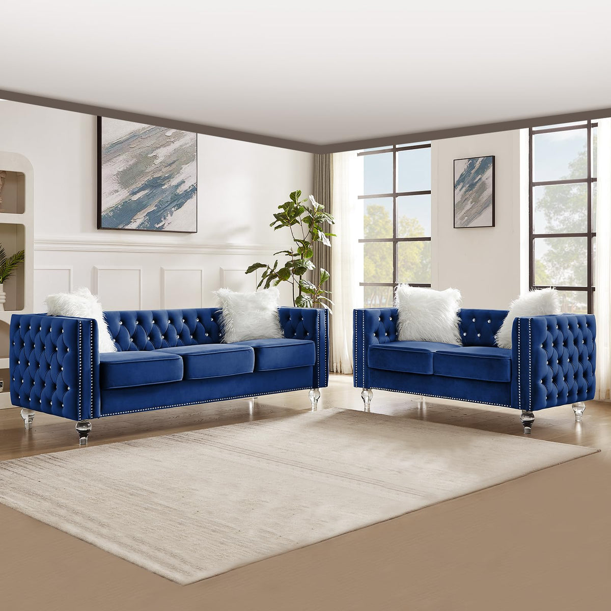 Blue Velvet Chesterfield Sofa with 2 Throw Pillows B758501