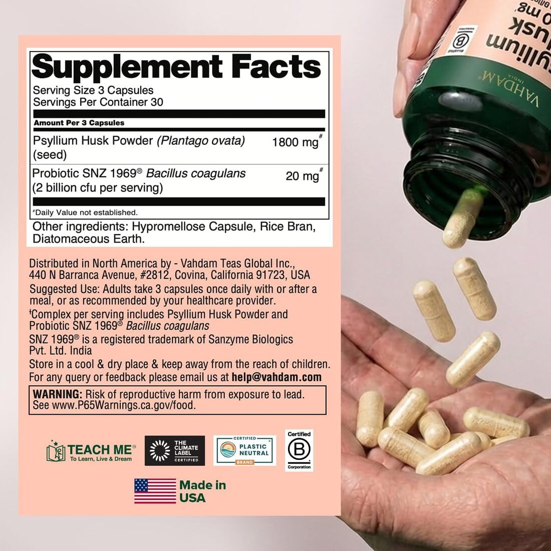 Psyllium Husk Capsules 1800 mg with Probiotics 90 Veggie Capsules X30000