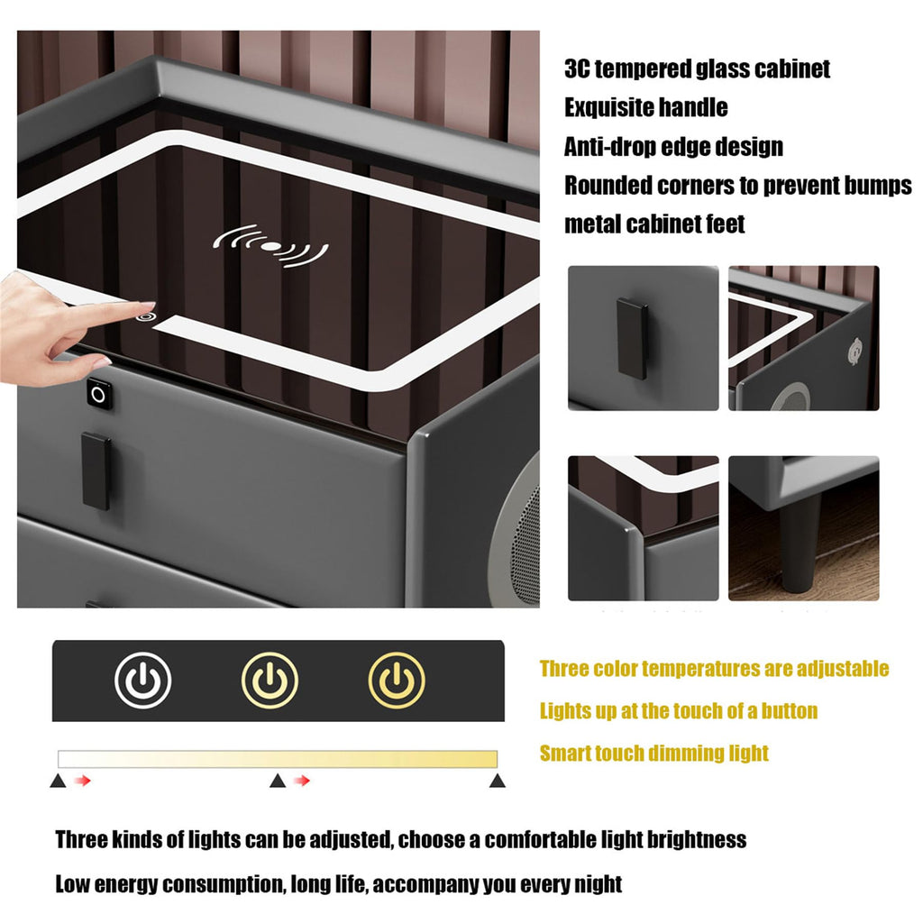 Gray Nightstand with Fingerprint Lock and Wireless Charging Y32589