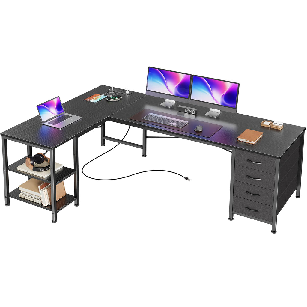 55 Inch L Shaped Desk with Fabric Drawers and Power Outlets T7124