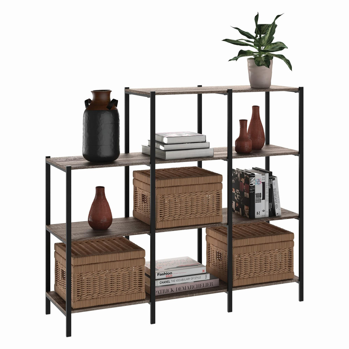 4-Tier Bookcase, 5 Shelves, Black Metal and Wood Y881354