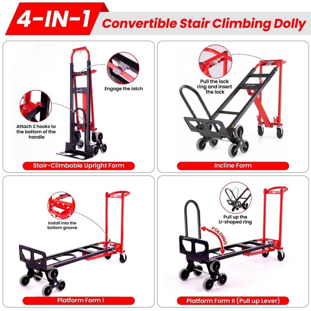 Heavy Duty 1000LBS Stair Climbing Convertible Hand Truck Cart with Solid Wheels Z763