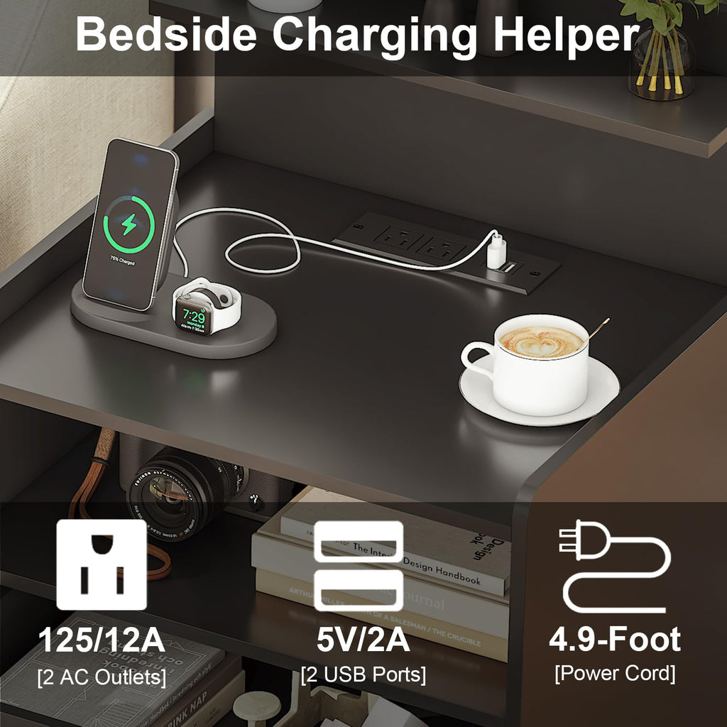 Black LED Nightstand with Charging Station and 2 Drawers E663