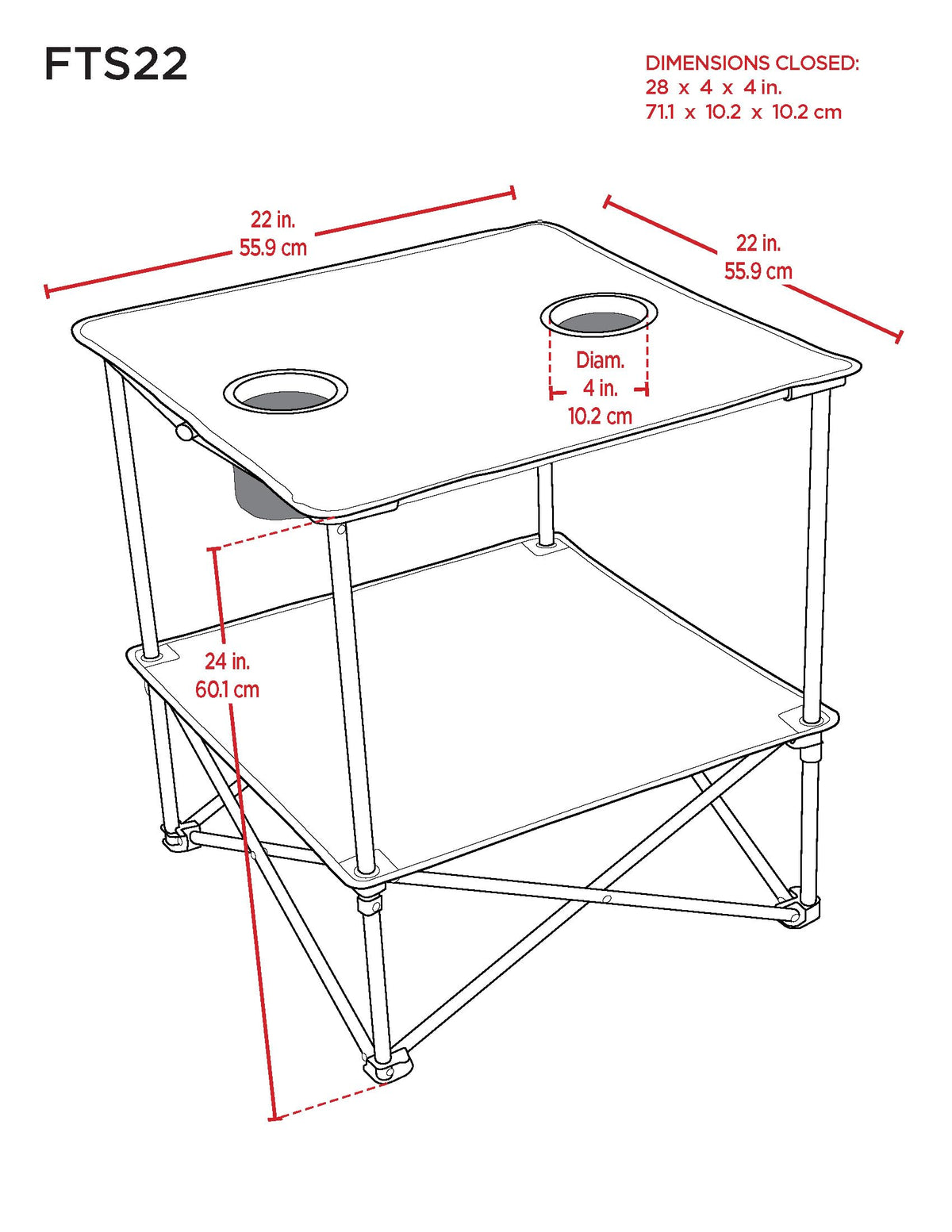 22” Square Compact Outdoor Folding Table with Cup Holders and Carry Bag X572