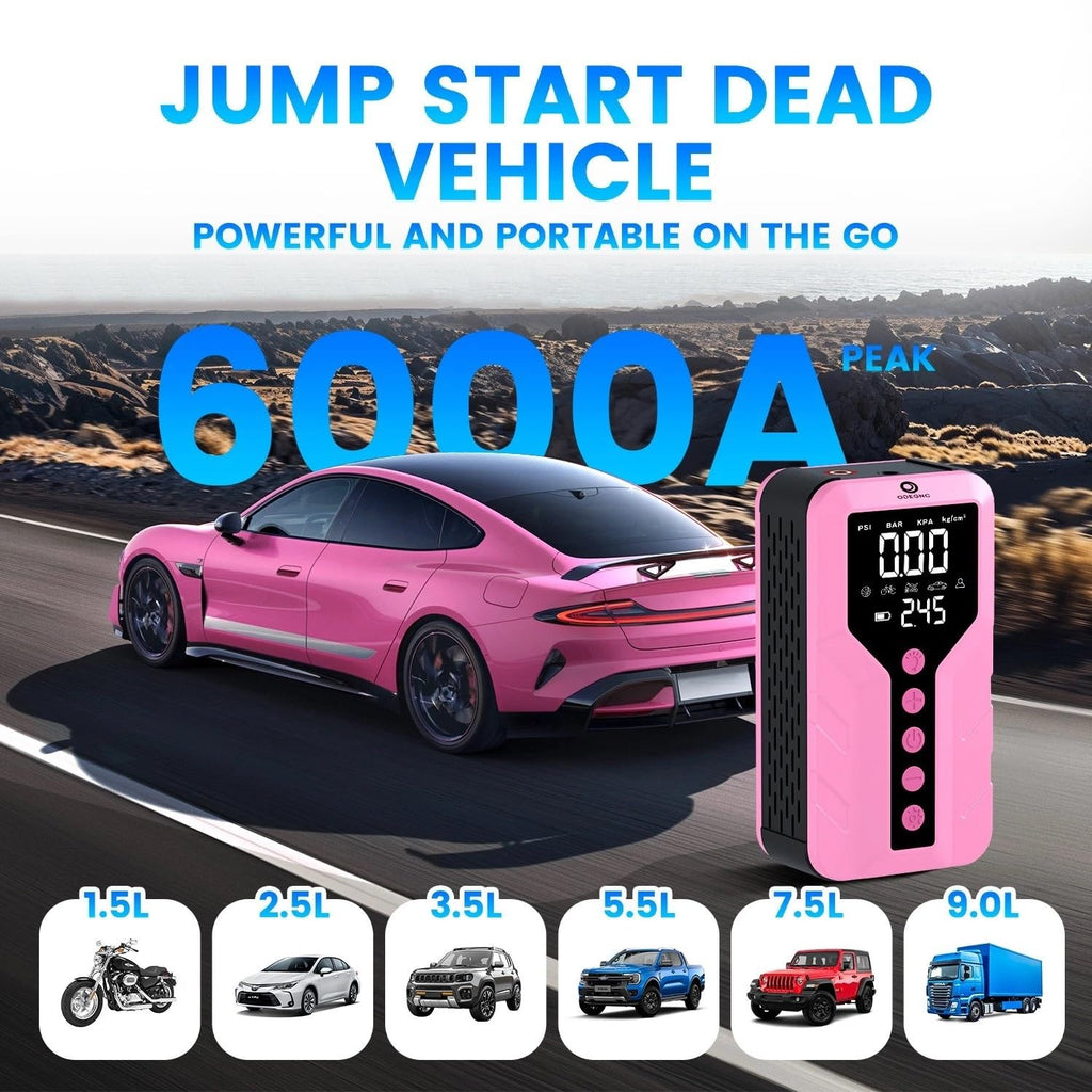 Deep Pink Lithium Ion 6000 Amps Peak Jump Starter with Air Compressor D39818