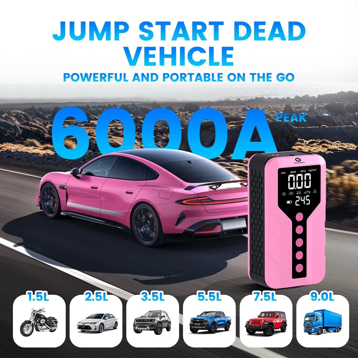 Deep Pink Lithium Ion 6000 Amps Peak Jump Starter with Air Compressor D39818