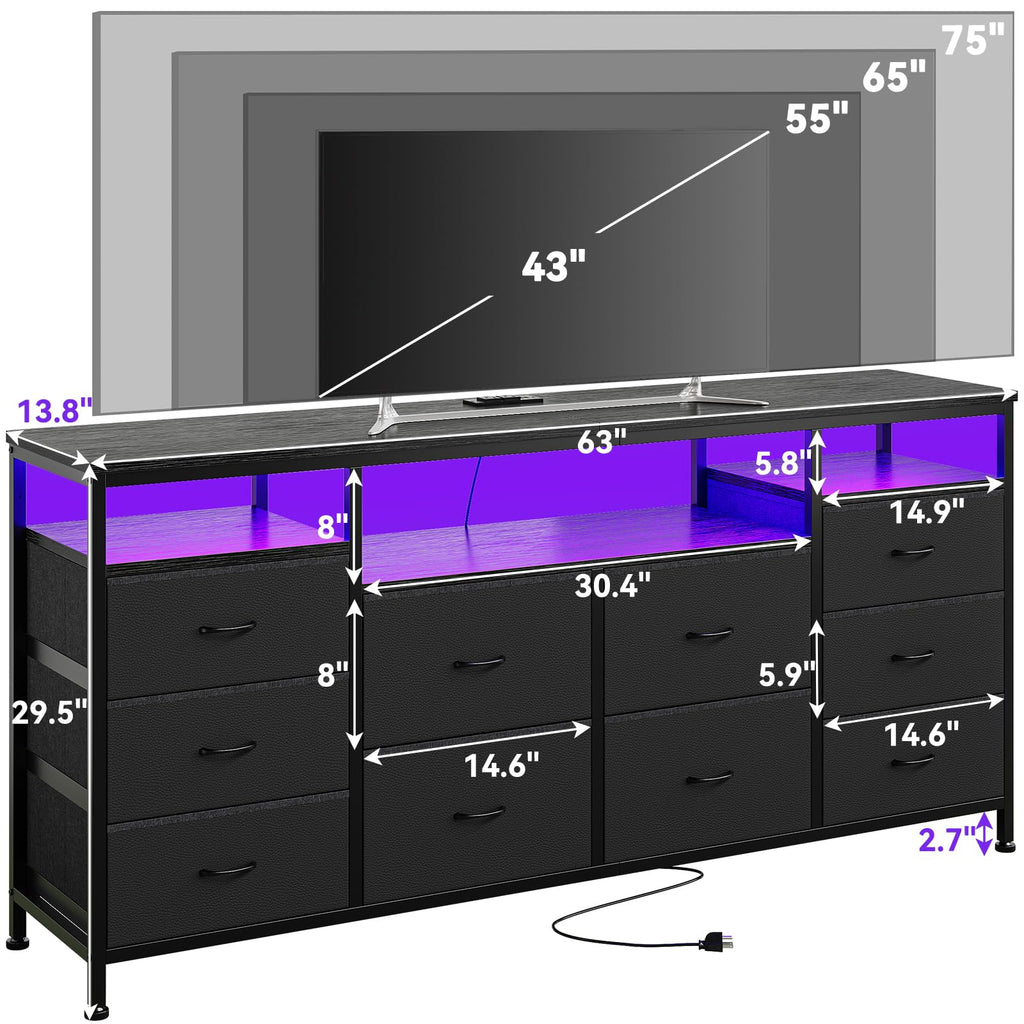 Black 10 Fabric Drawer Dresser with LED Lights & Power Outlets B918