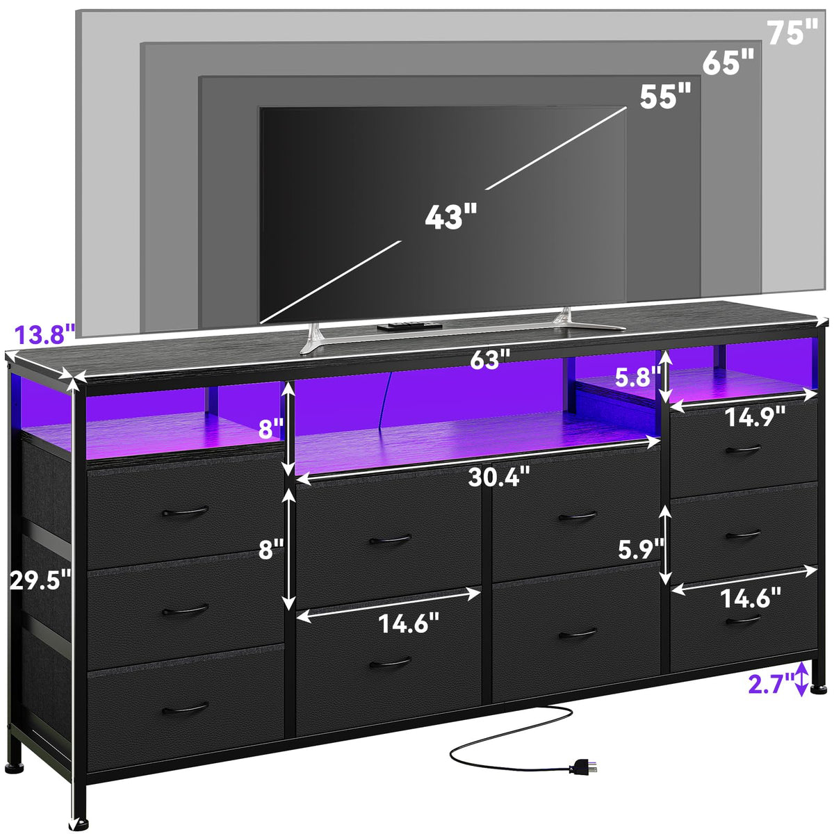 Black 10 Fabric Drawer Dresser with LED Lights & Power Outlets B918