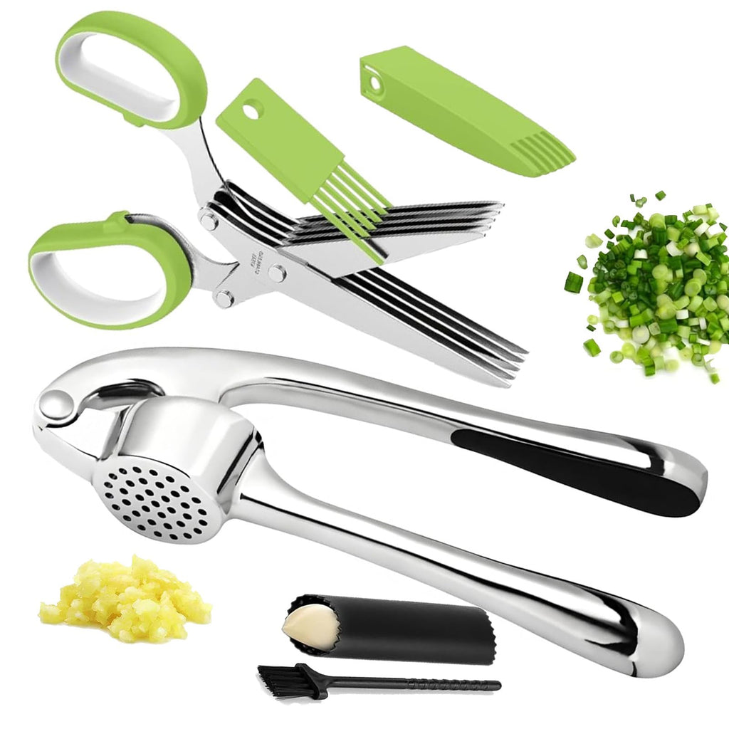 Stainless Steel 2 in 1 Garlic Press and Herb Scissors C899