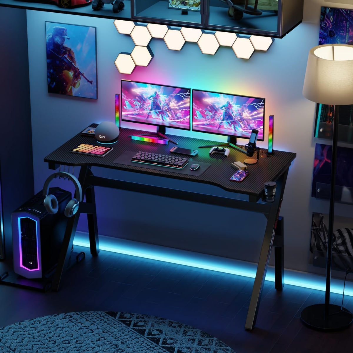 47 Inch Carbon Fiber Gaming Desk with Cup Holder and Headphone Hook N906147