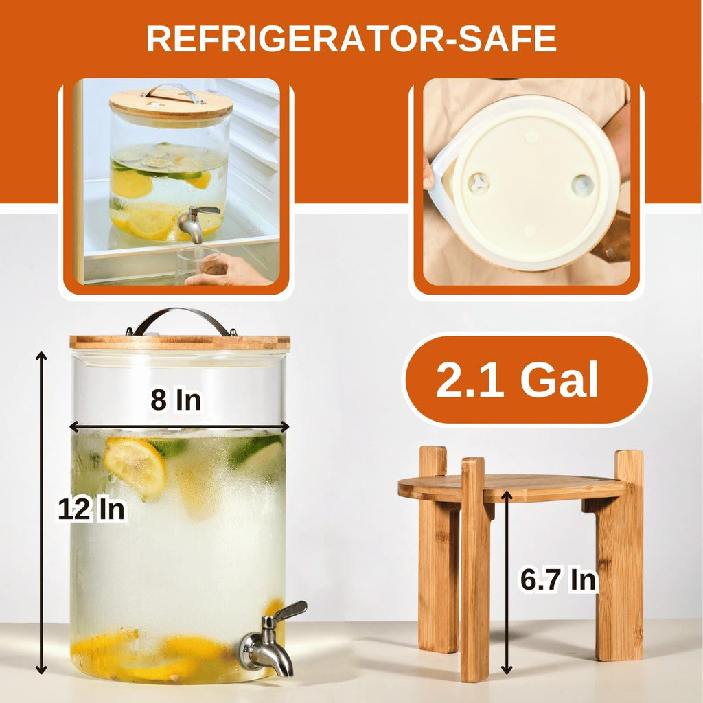 2.1 Gallon Glass Beverage Dispenser with Bamboo Stand and Spigot O988