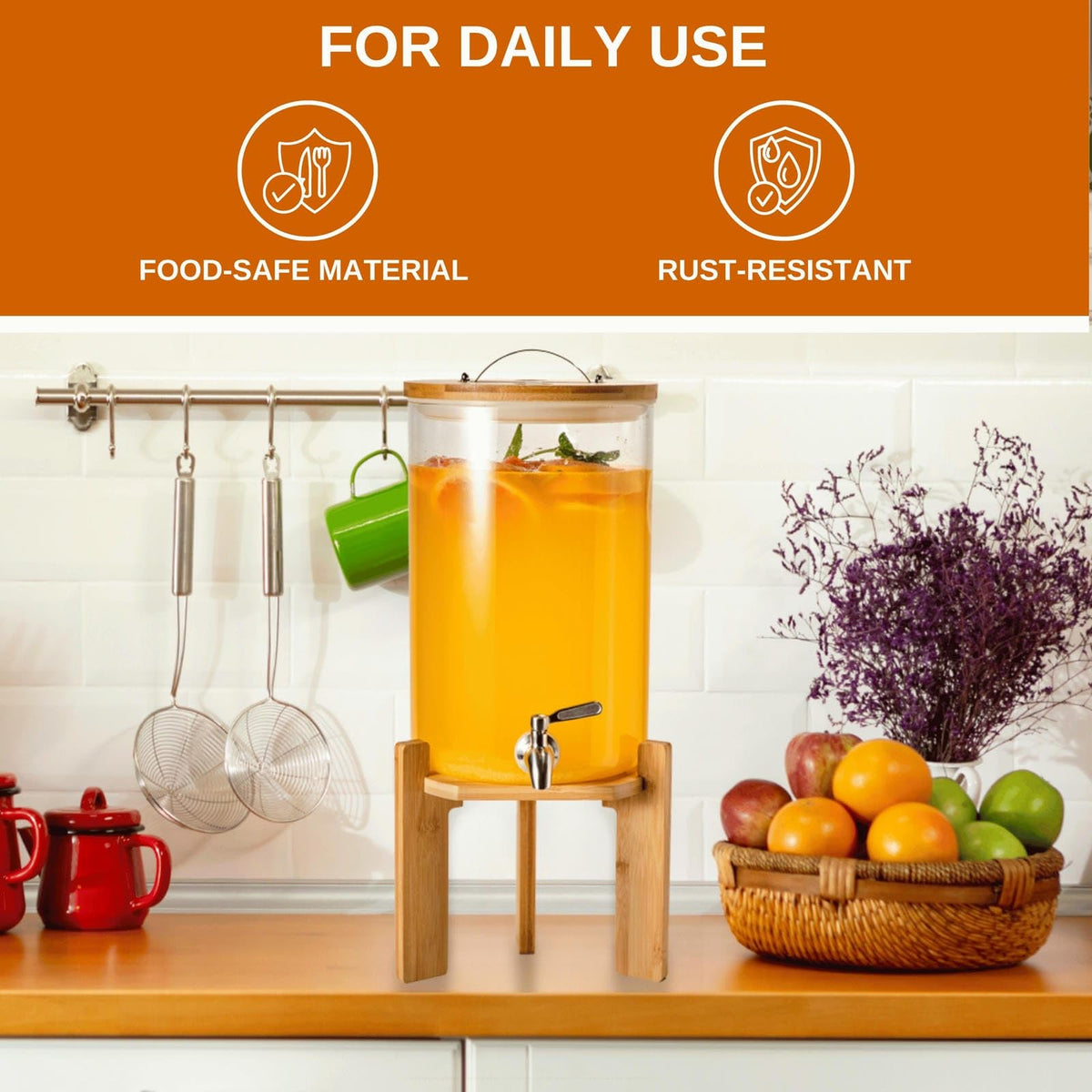 2.1 Gallon Glass Beverage Dispenser with Bamboo Stand and Spigot O988