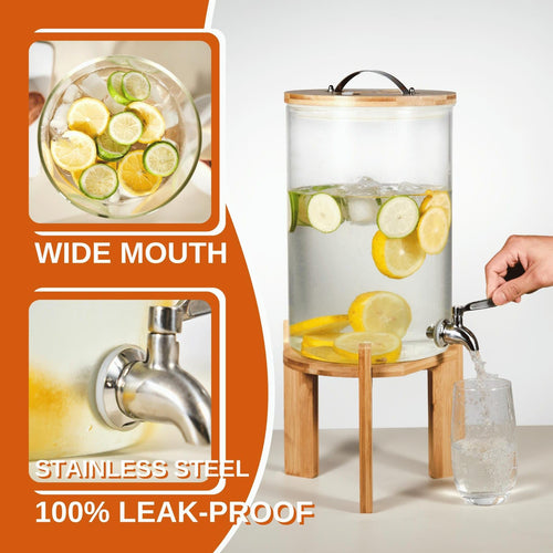 2.1 Gallon Glass Beverage Dispenser with Bamboo Stand and Spigot O988