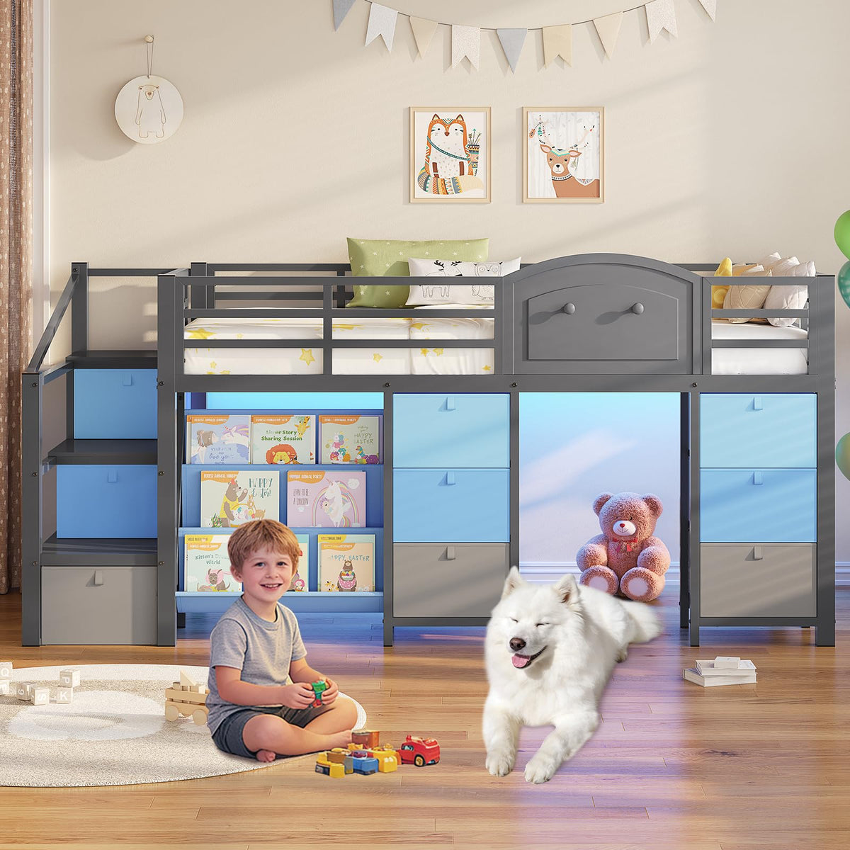 Twin Size Low Loft Bed with 9 Storage Drawers and Staircase D47996