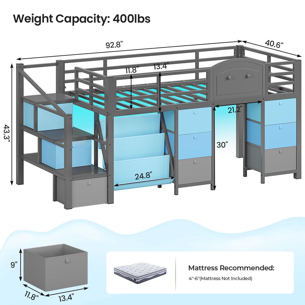Twin Size Low Loft Bed with 9 Storage Drawers and Staircase D47996