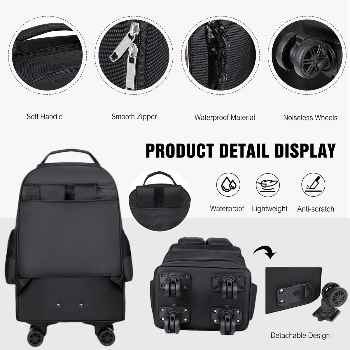 Rolling Backpack with Silent Wheels Black E9709