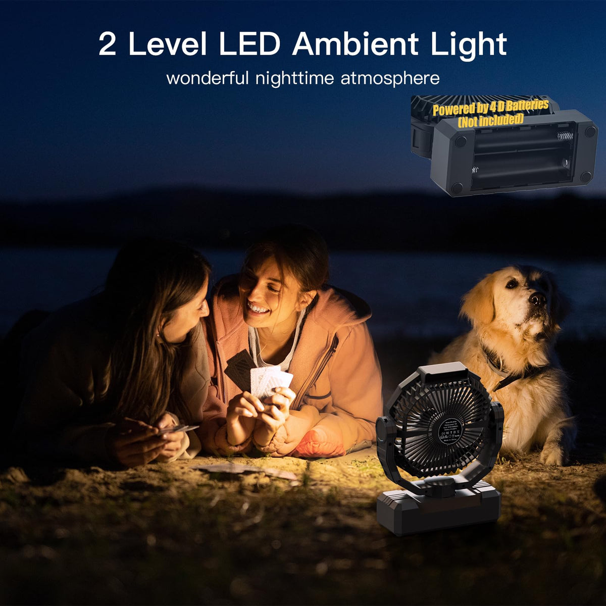 Battery Operated Portable Camping Fan with 4 Speeds, Light, Timer, Remote - Black Y503