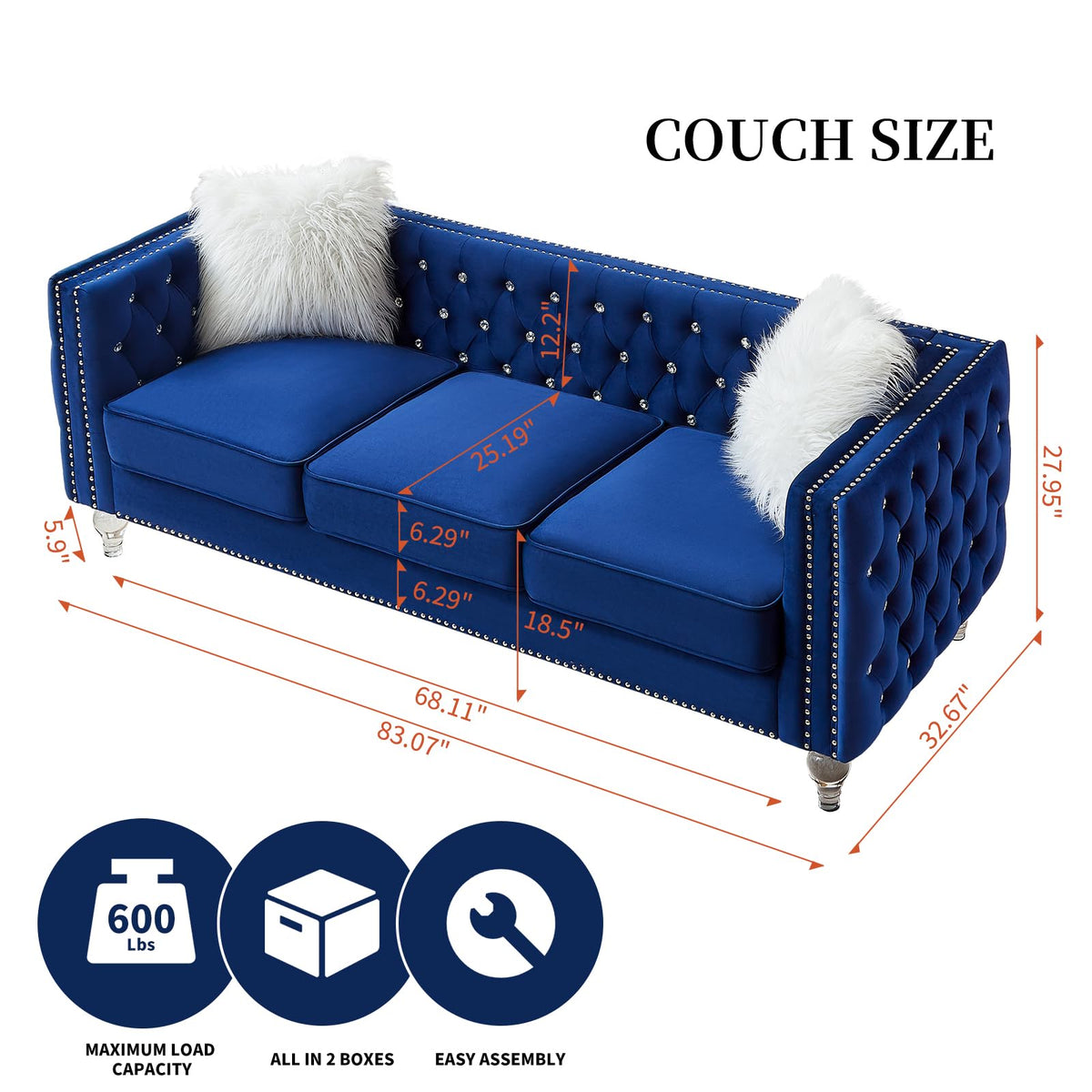 Blue Velvet Chesterfield Sofa with 2 Throw Pillows B758501