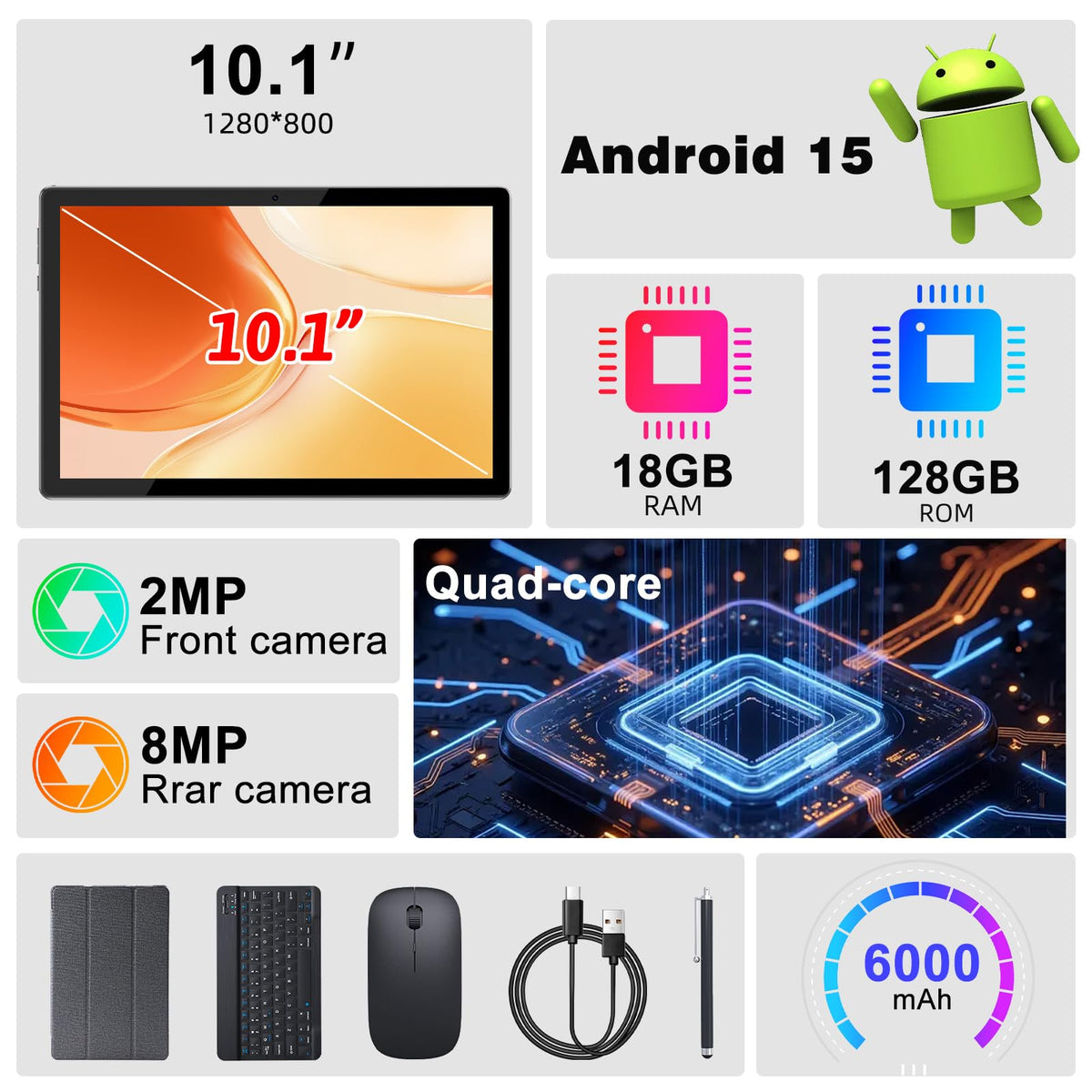 Android 15 10 Inch 18GB RAM 128GB ROM Tablet with Keyboard Case Mouse Stylus P94912