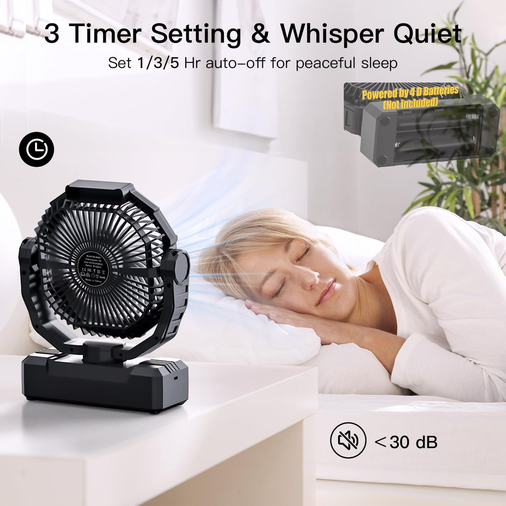 Battery Operated Portable Camping Fan with 4 Speeds, Light, Timer, Remote - Black Y503