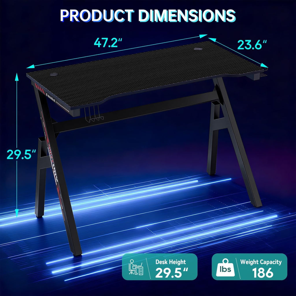 47 Inch Carbon Fiber Gaming Desk with Cup Holder and Headphone Hook N906147