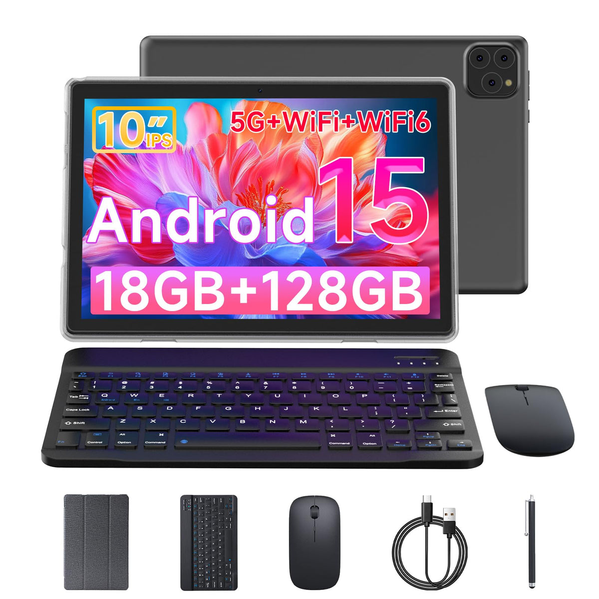 Android 15 10 Inch 18GB RAM 128GB ROM Tablet with Keyboard Case Mouse Stylus P94912