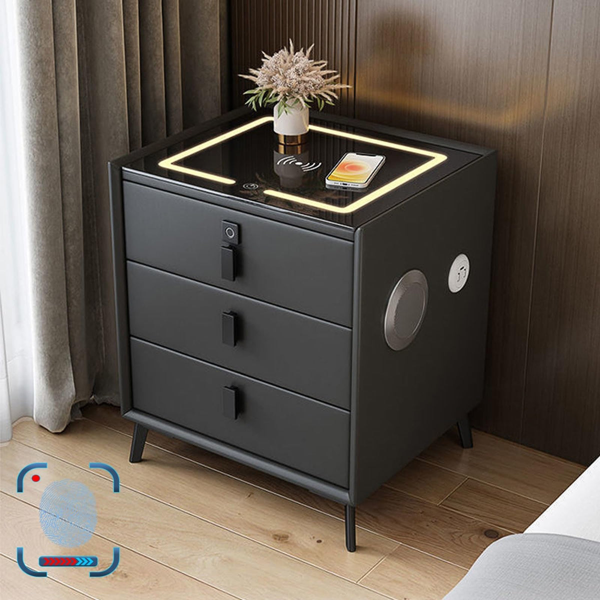 Gray Nightstand with Fingerprint Lock and Wireless Charging Y32589