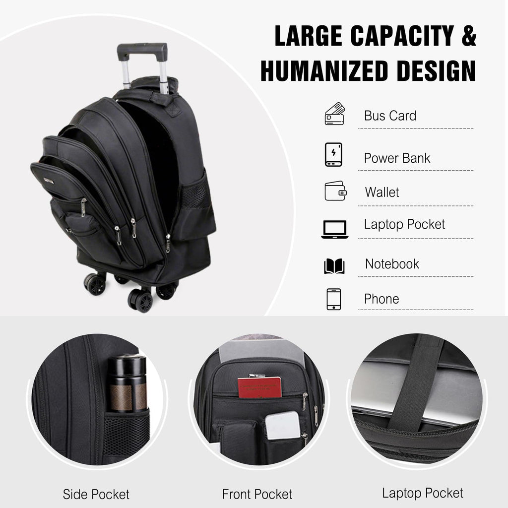 Rolling Backpack with Silent Wheels Black E9709