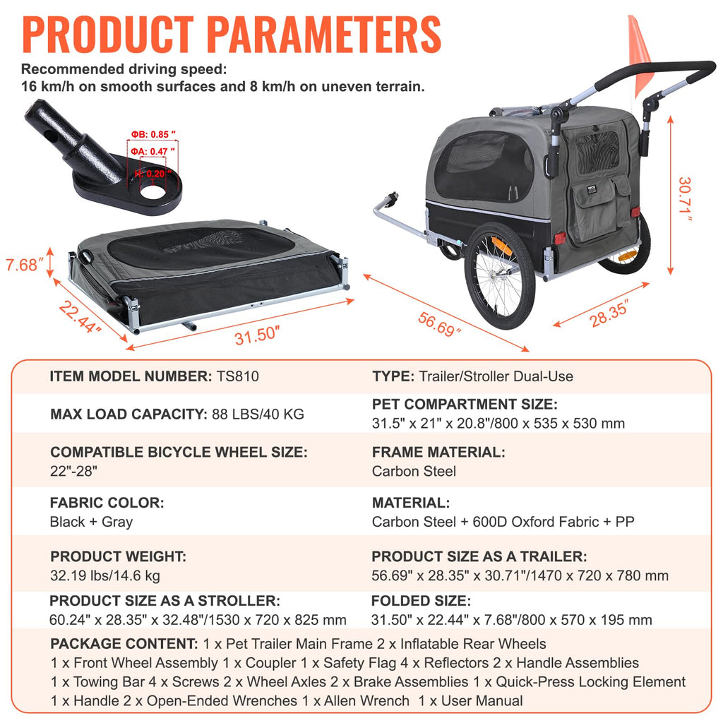 Dog Bike Trailer 2-in-1 Pet Stroller Bicycle Carrier U936