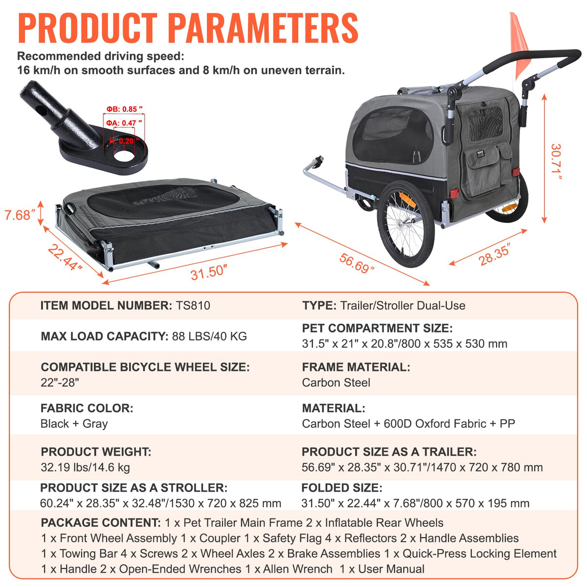Dog Bike Trailer 2-in-1 Pet Stroller Bicycle Carrier U936