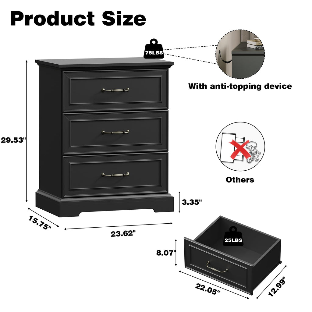 Black 3 Drawer Wood Dresser U907