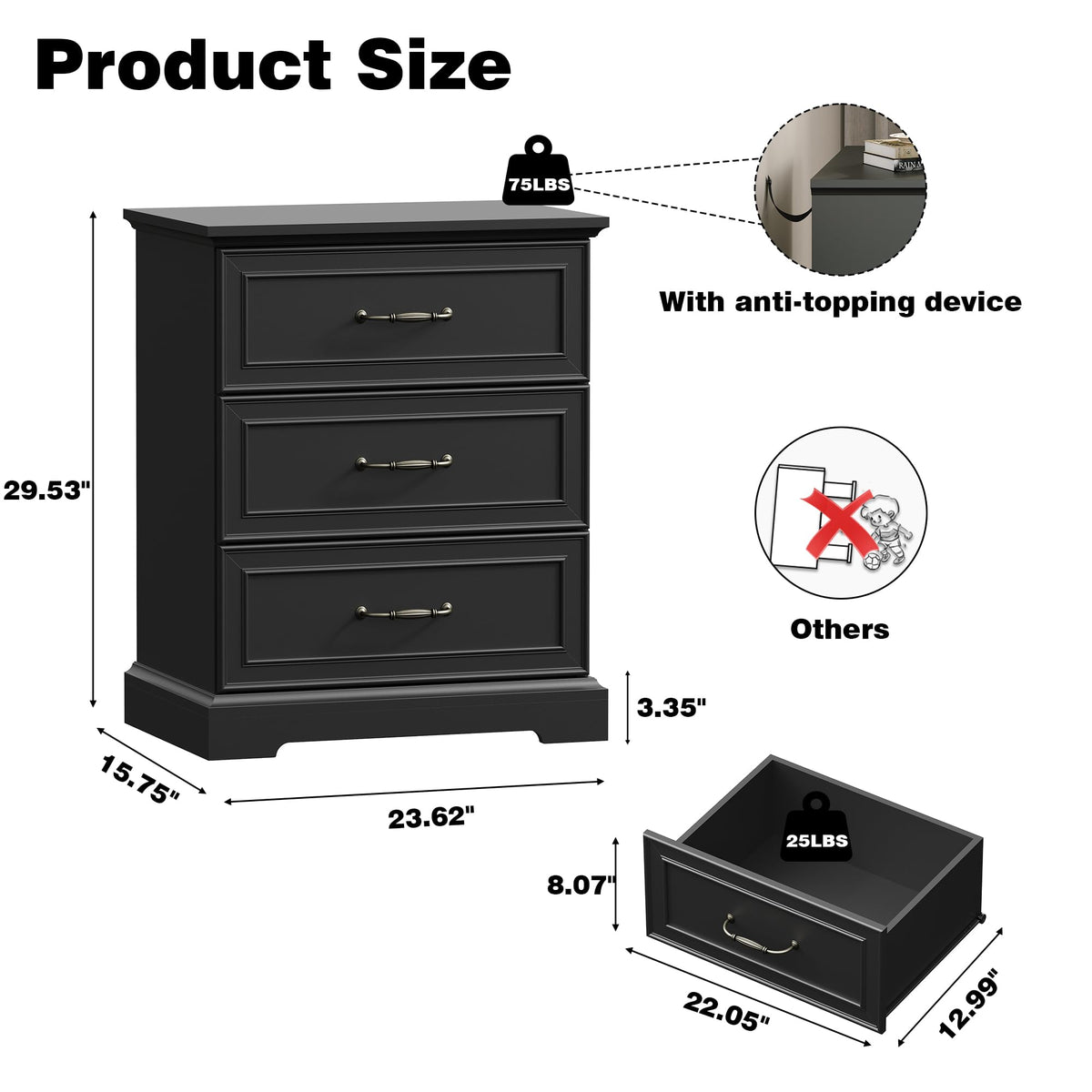 Black 3 Drawer Wood Dresser U907